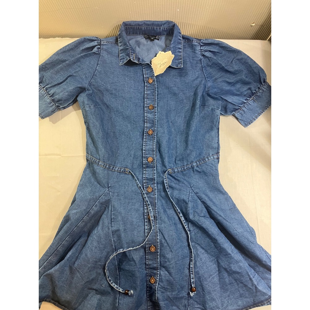 Indulge Instyle Womens Blue‎ Denim Puff Sleeve Button Up Shirt Dress Medium NWT